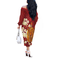 Hawaii King Kamehameha Off The Shoulder Long Sleeve Dress Plumeria Lauhala Pattern