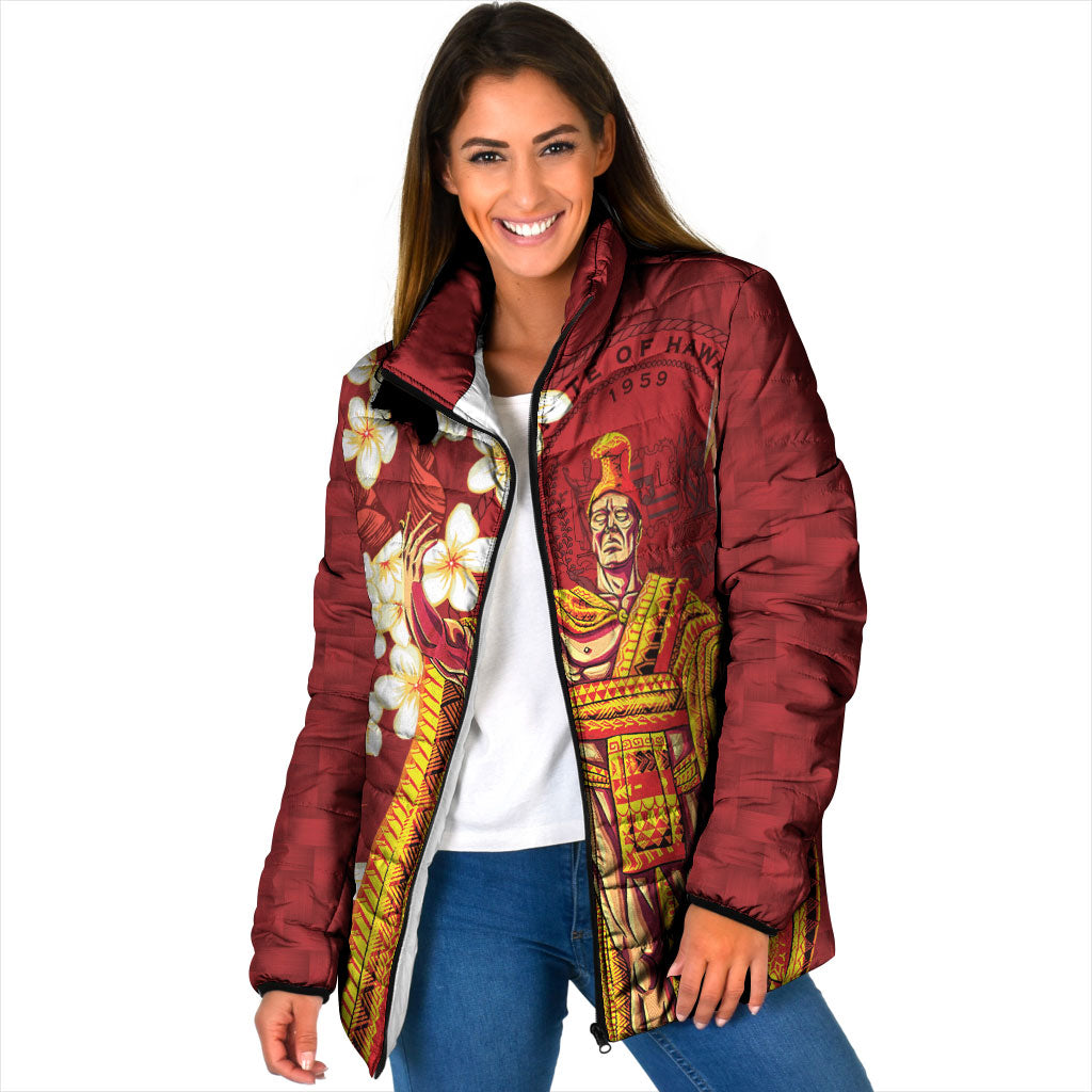Hawaii King Kamehameha Padded Jacket Plumeria Lauhala Pattern LT01 Women Red - Polynesian Pride