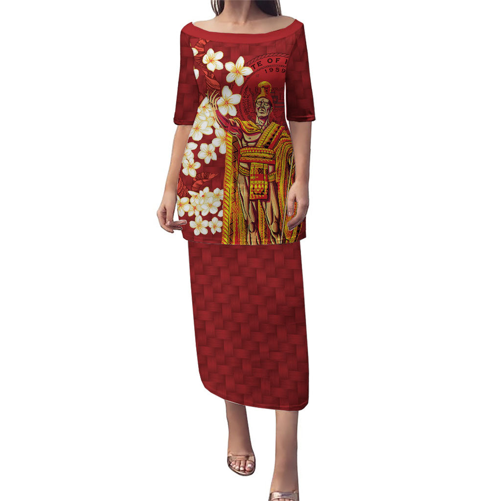 Hawaii King Kamehameha Puletasi Plumeria Lauhala Pattern LT01 Long Dress Red - Polynesian Pride