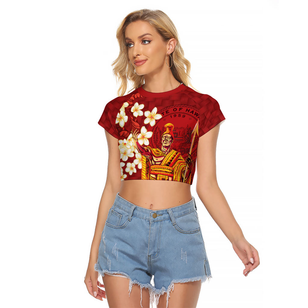 Hawaii King Kamehameha Raglan Cropped T Shirt Plumeria Lauhala Pattern LT01 Female Red - Polynesian Pride
