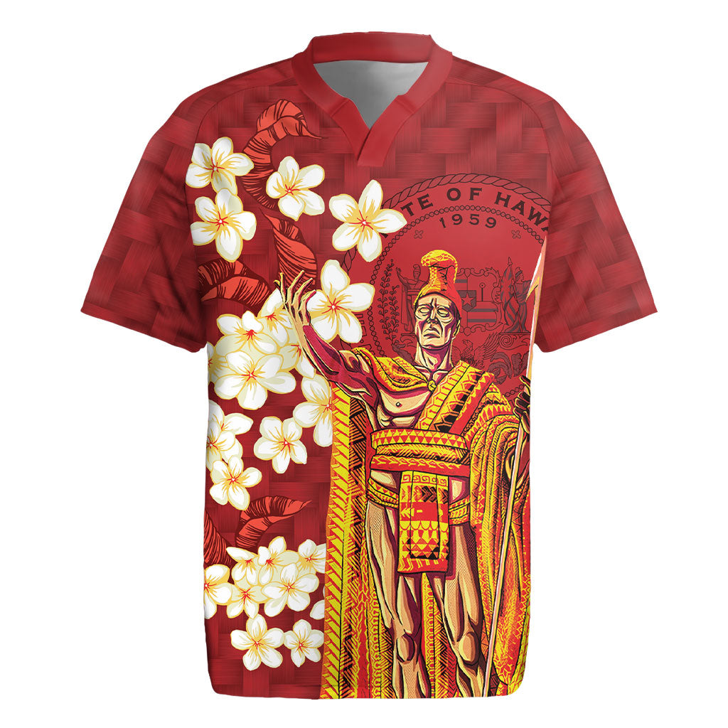 Hawaii King Kamehameha Rugby Jersey Plumeria Lauhala Pattern LT01 Red - Polynesian Pride
