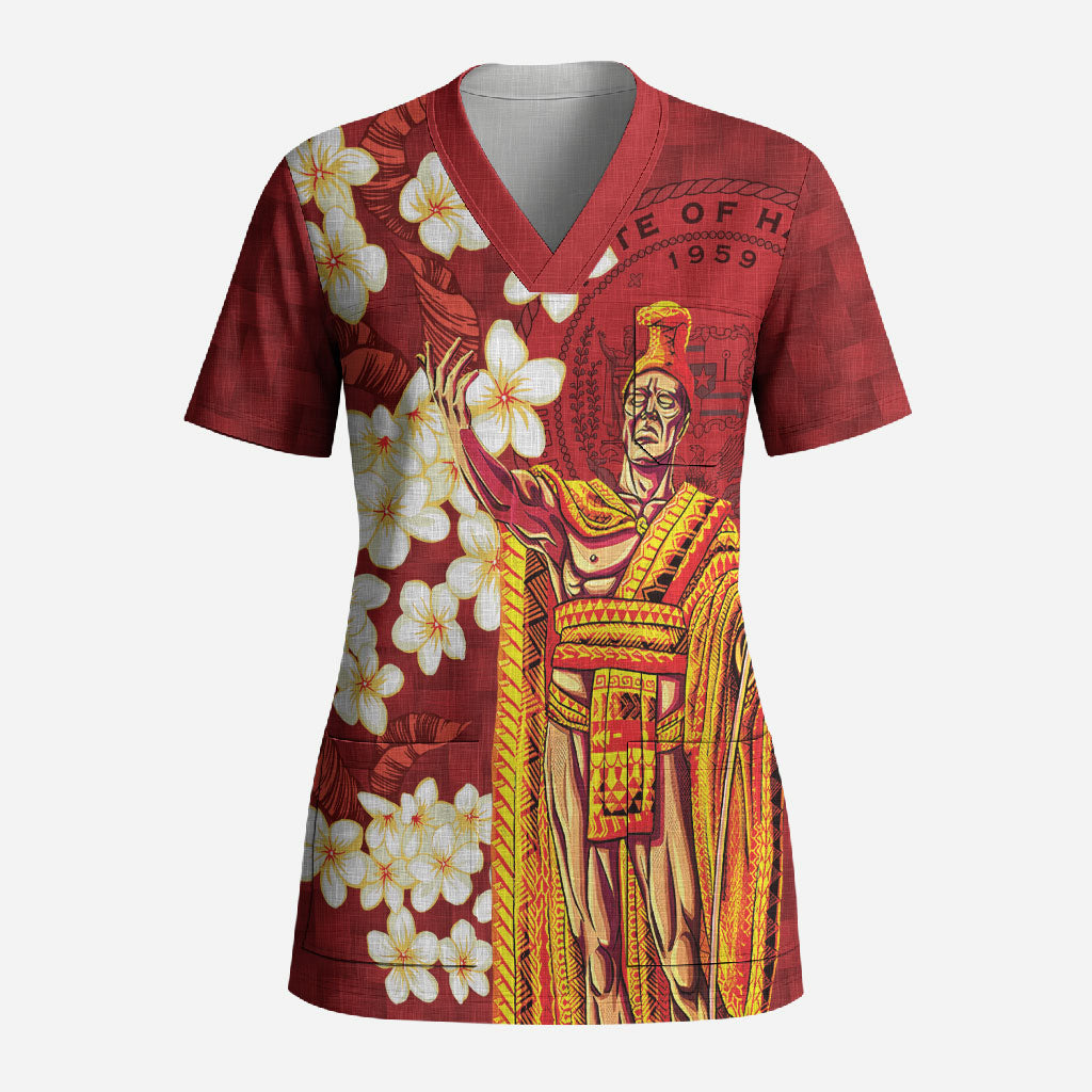 Hawaii King Kamehameha Scrub Top Plumeria Lauhala Pattern LT01 Adult Red - Polynesian Pride