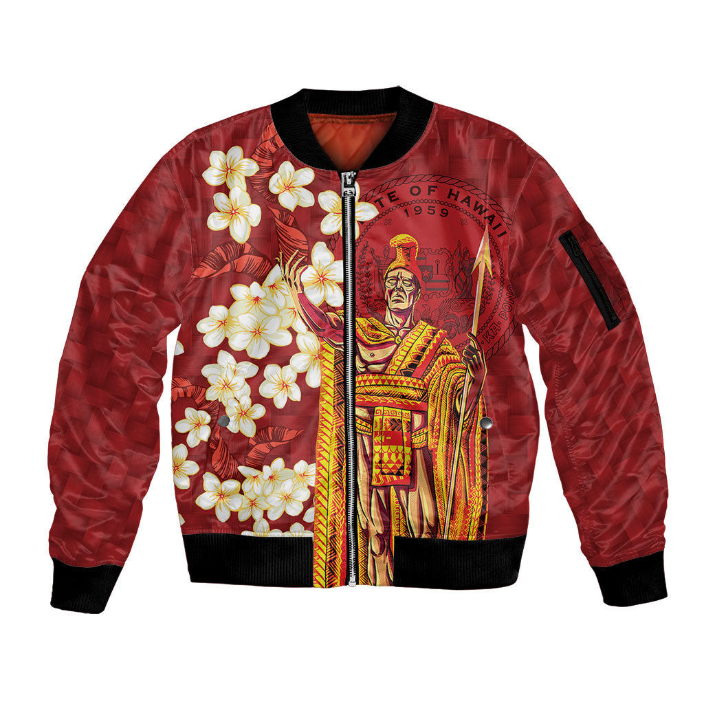 Hawaii King Kamehameha Sleeve Zip Bomber Jacket Plumeria Lauhala Pattern LT01 Unisex Red - Polynesian Pride