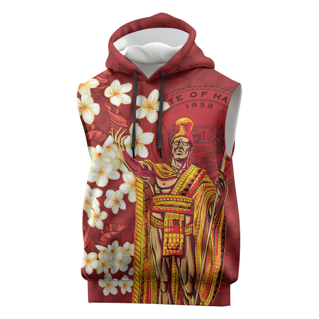 Hawaii King Kamehameha Sleeveless Hoodie Plumeria Lauhala Pattern LT01 Red - Polynesian Pride
