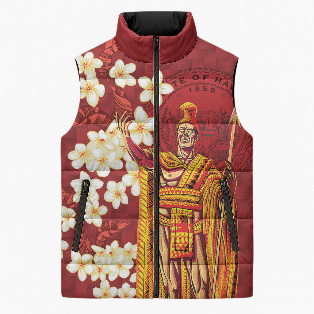 Hawaii King Kamehameha Sleeveless Puffer Jacket Plumeria Lauhala Pattern LT01 Unisex Red - Polynesian Pride