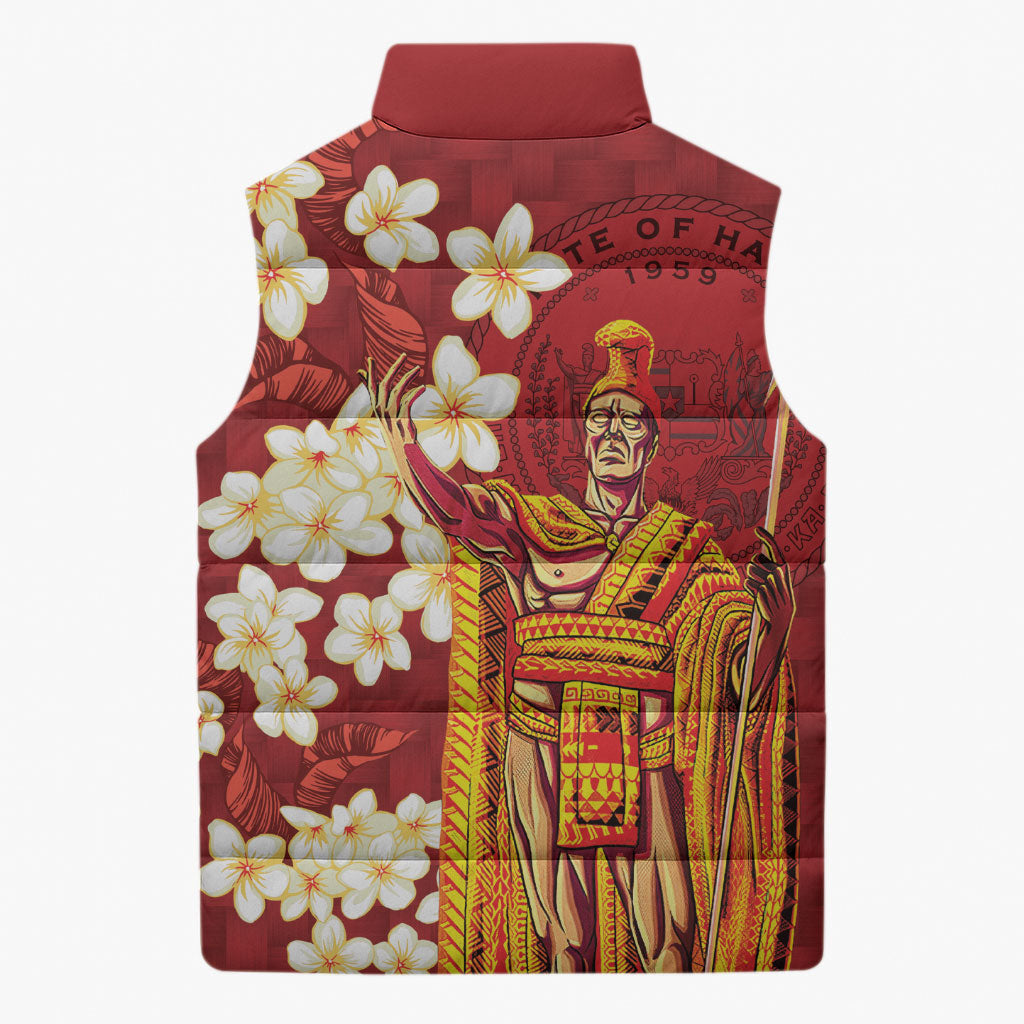 Hawaii King Kamehameha Sleeveless Puffer Jacket Plumeria Lauhala Pattern LT01 - Polynesian Pride