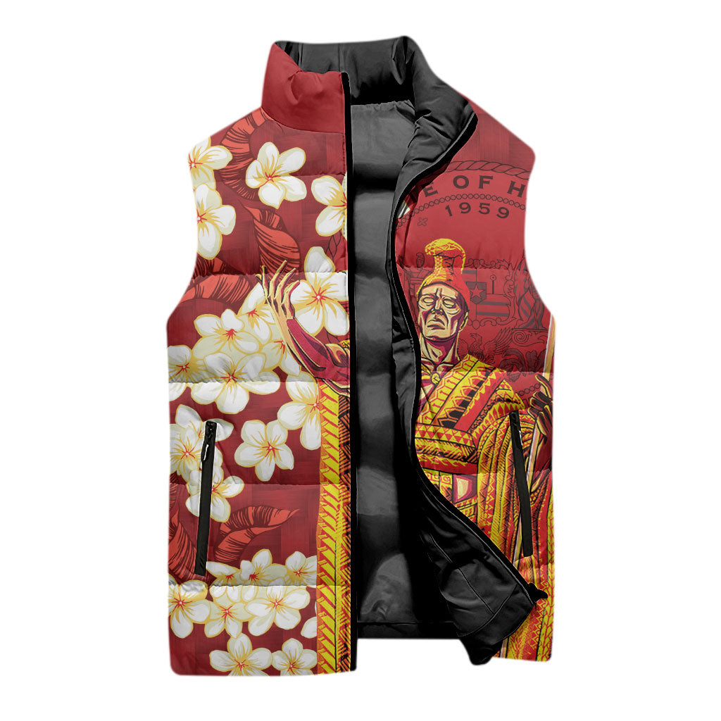 Hawaii King Kamehameha Sleeveless Puffer Jacket Plumeria Lauhala Pattern LT01 - Polynesian Pride