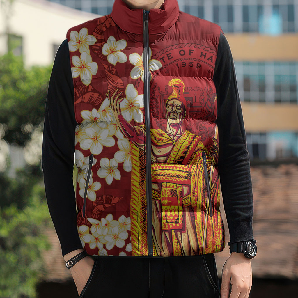Hawaii King Kamehameha Sleeveless Puffer Jacket Plumeria Lauhala Pattern LT01 - Polynesian Pride
