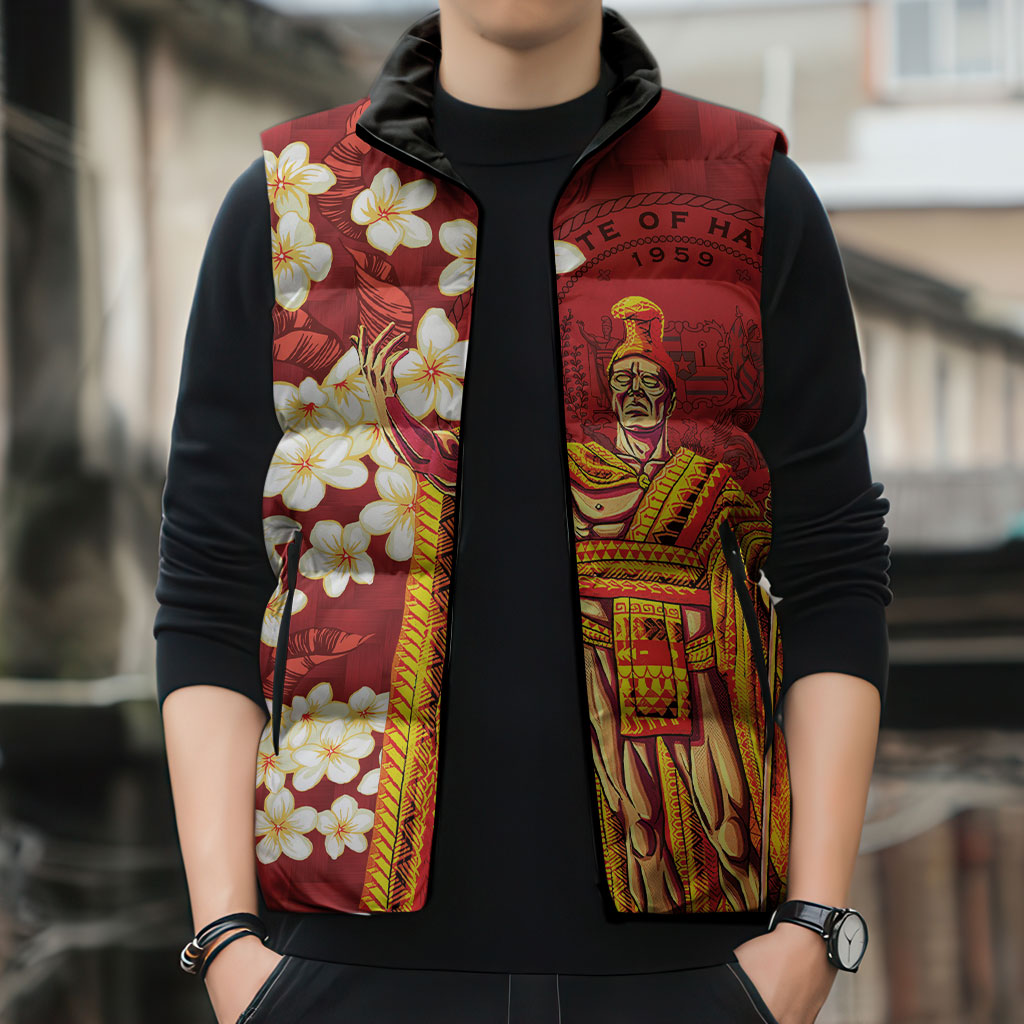 Hawaii King Kamehameha Sleeveless Puffer Jacket Plumeria Lauhala Pattern LT01 - Polynesian Pride