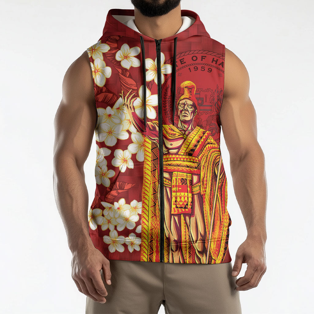 Hawaii King Kamehameha Sleeveless Zip Hoodie Plumeria Lauhala Pattern LT01 - Polynesian Pride