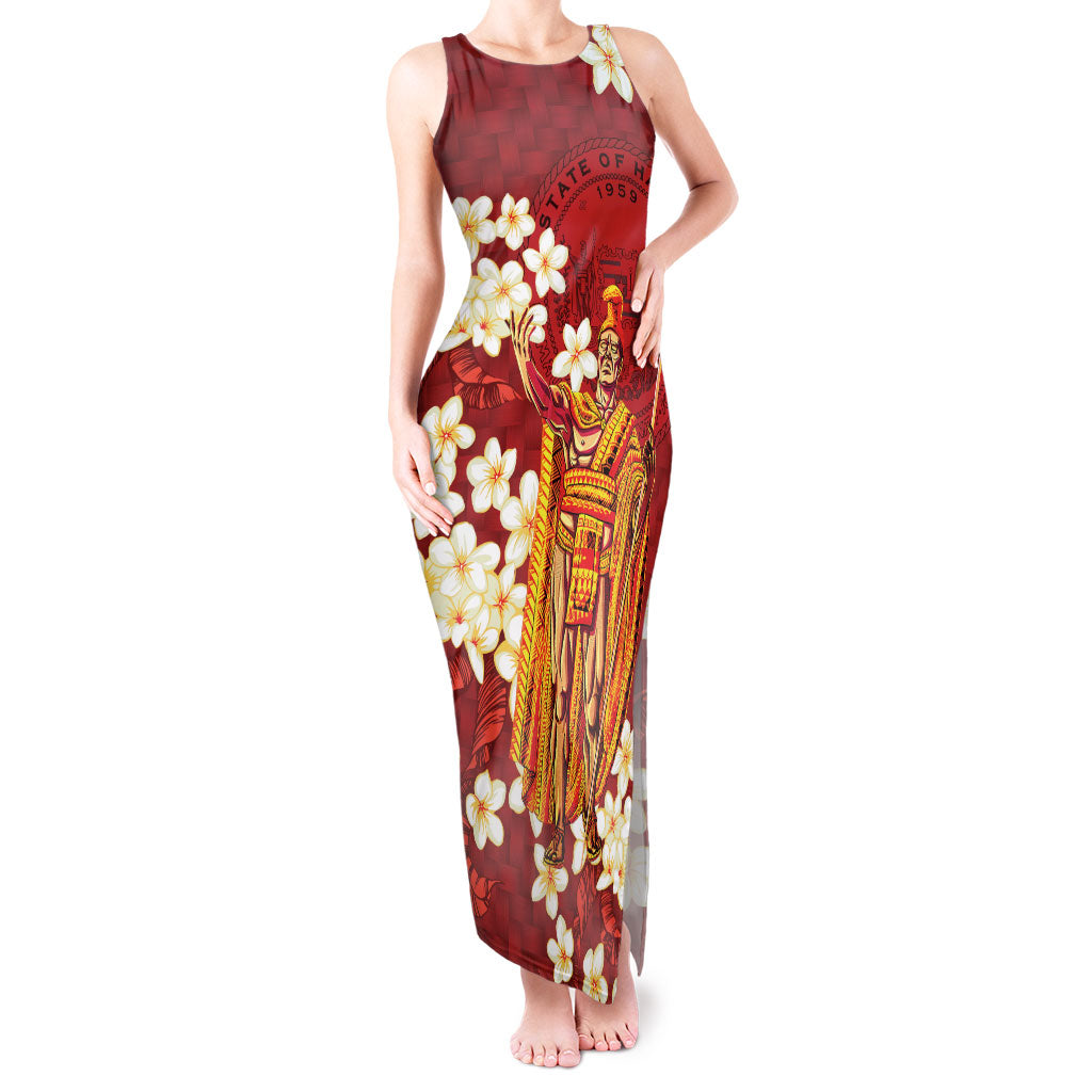 Hawaii King Kamehameha Tank Maxi Dress Plumeria Lauhala Pattern LT01 Women Red - Polynesian Pride