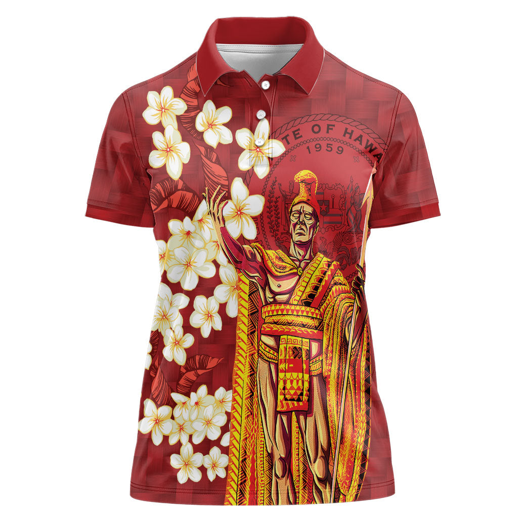 Hawaii King Kamehameha Women Polo Shirt Plumeria Lauhala Pattern LT01 Female Red - Polynesian Pride