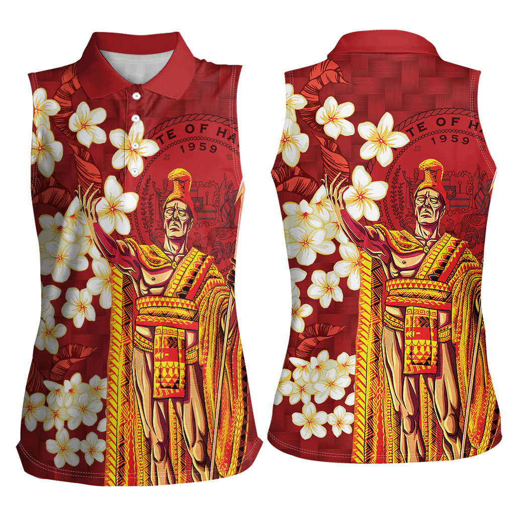 Hawaii King Kamehameha Women Sleeveless Polo Shirt Plumeria Lauhala Pattern LT01 - Polynesian Pride