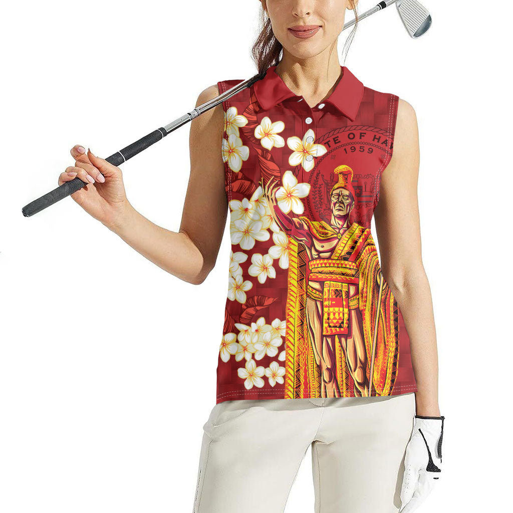 Hawaii King Kamehameha Women Sleeveless Polo Shirt Plumeria Lauhala Pattern LT01 - Polynesian Pride