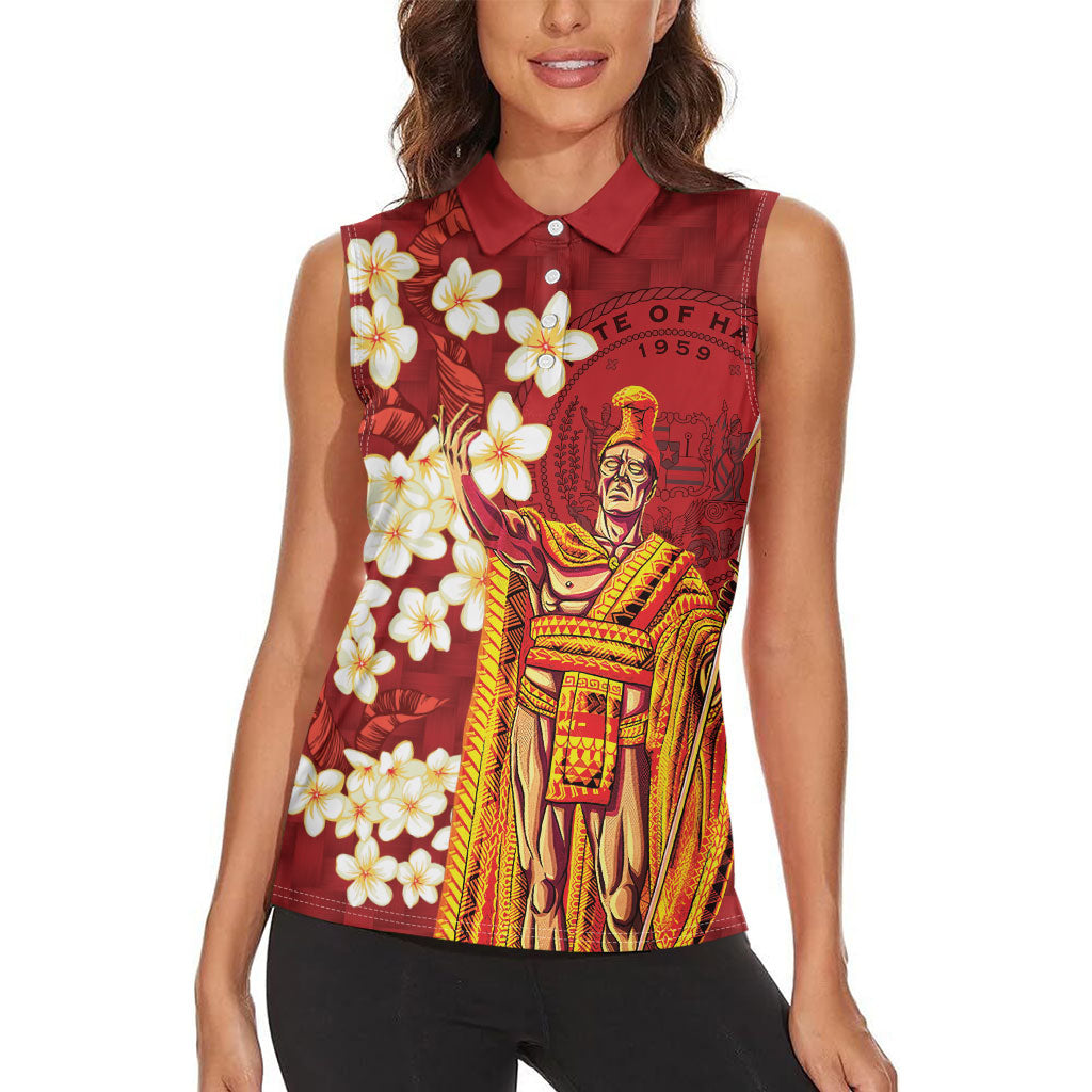 Hawaii King Kamehameha Women Sleeveless Polo Shirt Plumeria Lauhala Pattern LT01 - Polynesian Pride