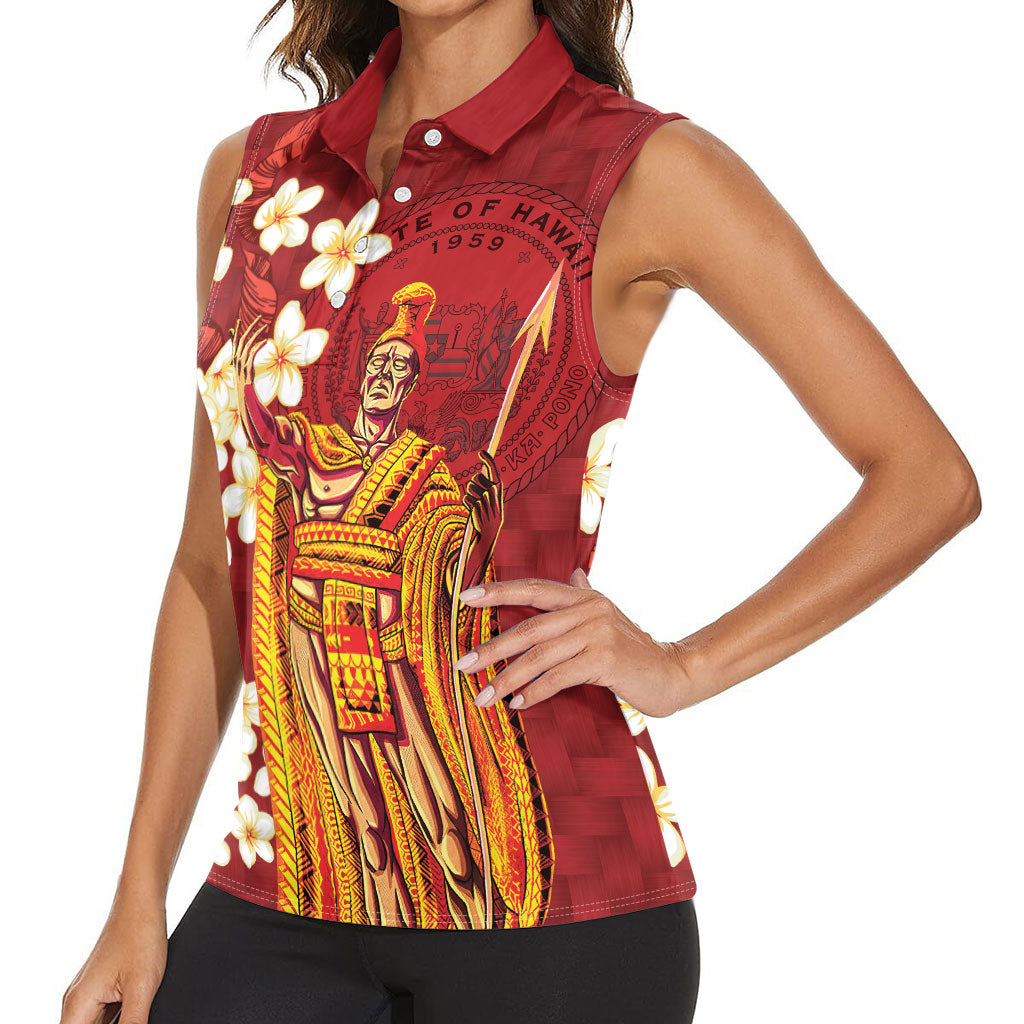 Hawaii King Kamehameha Women Sleeveless Polo Shirt Plumeria Lauhala Pattern LT01 - Polynesian Pride