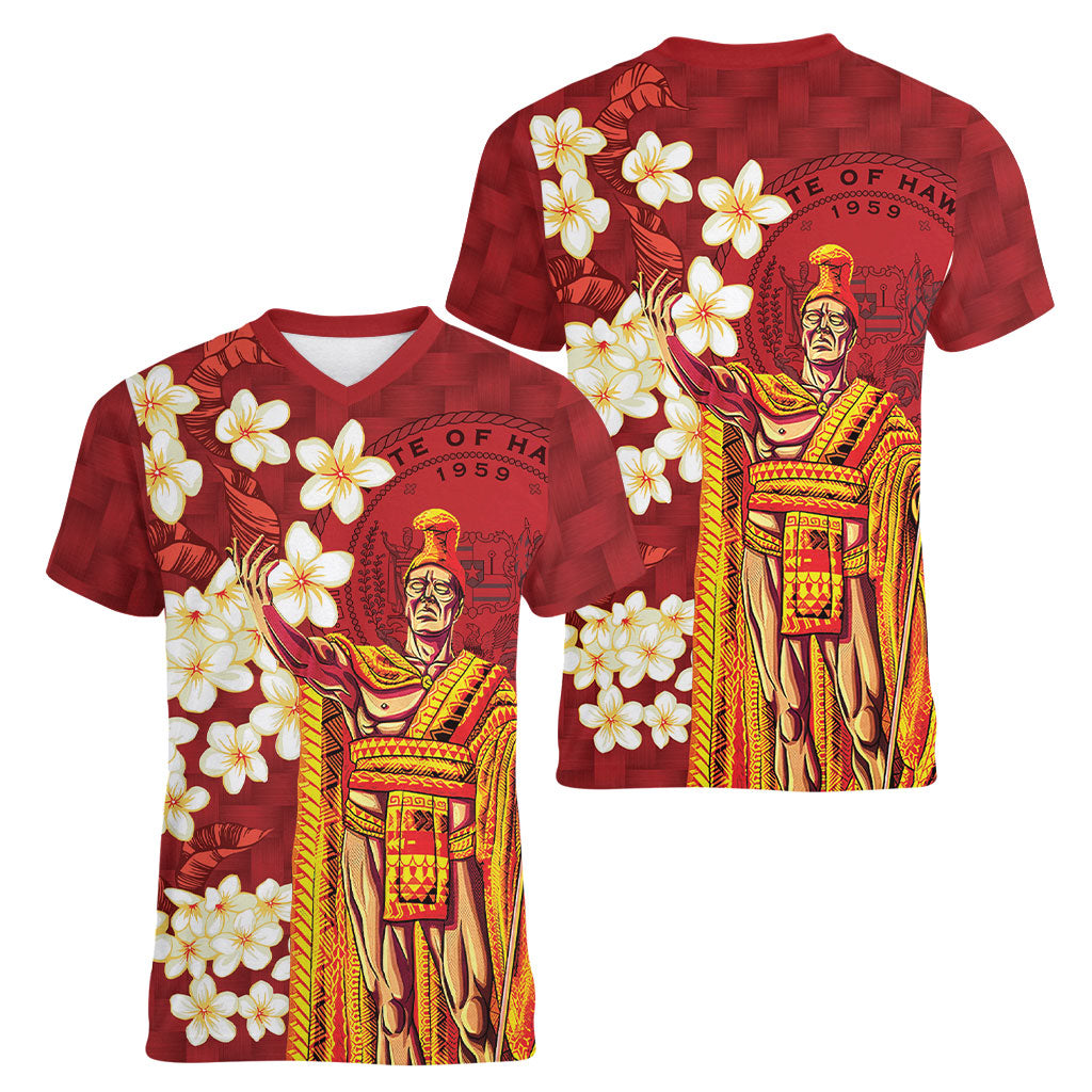 Hawaii King Kamehameha Women V-Neck T-Shirt Plumeria Lauhala Pattern LT01 - Polynesian Pride