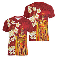 Hawaii King Kamehameha Women V-Neck T-Shirt Plumeria Lauhala Pattern LT01 - Polynesian Pride