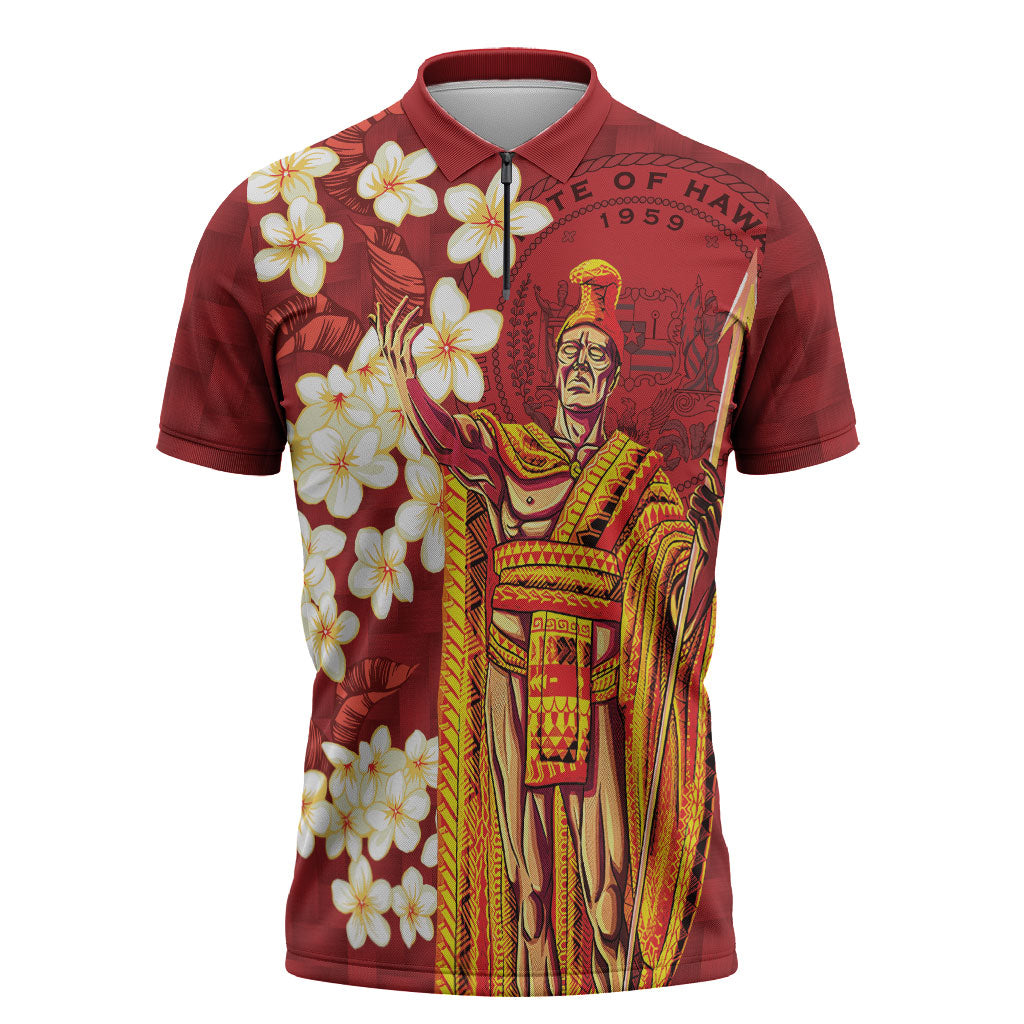Hawaii King Kamehameha Zipper Polo Shirt Plumeria Lauhala Pattern LT01 Red - Polynesian Pride