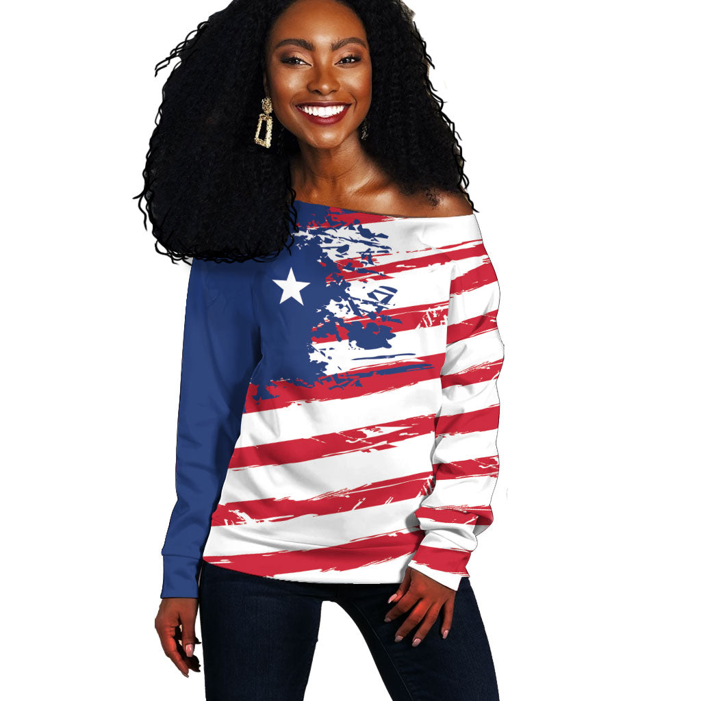 Liberia Flag Off Shoulder Sweater Grunge Stylized LT01 Women Multicolor - Polynesian Pride