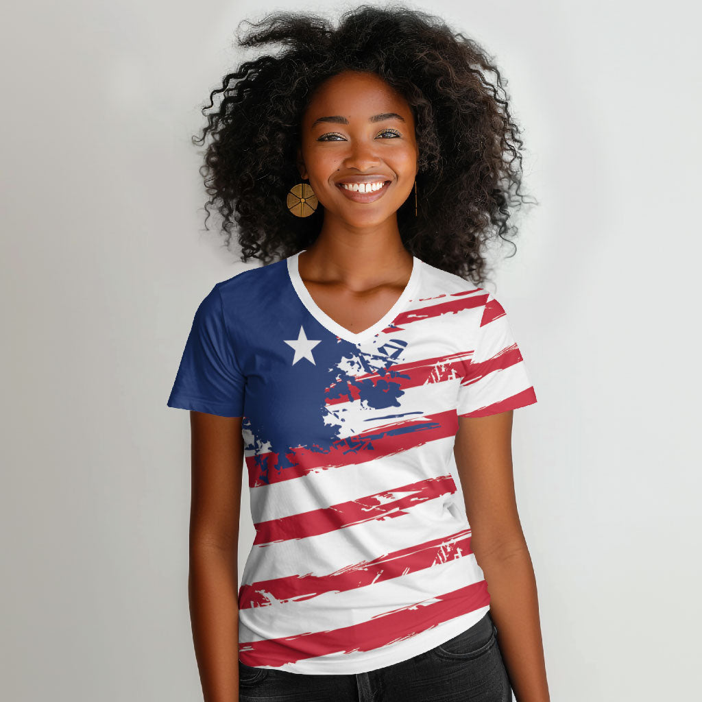 Liberia Flag Women V-Neck T-Shirt Grunge Stylized LT01 Female Multicolor - Polynesian Pride