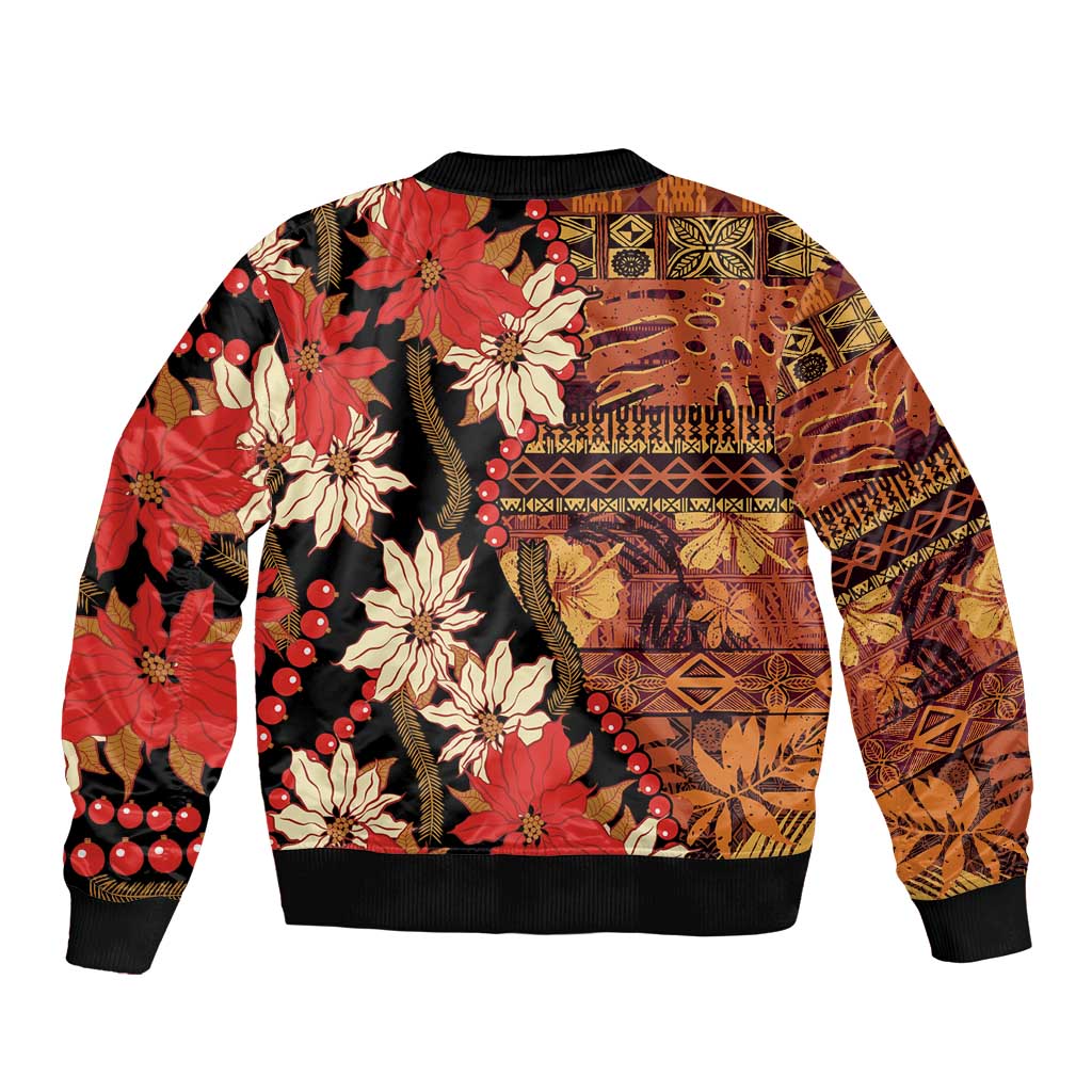 Hawaii Christmas Poinsettia Lei Bomber Jacket Tapa Pattern - Polynesian Pride