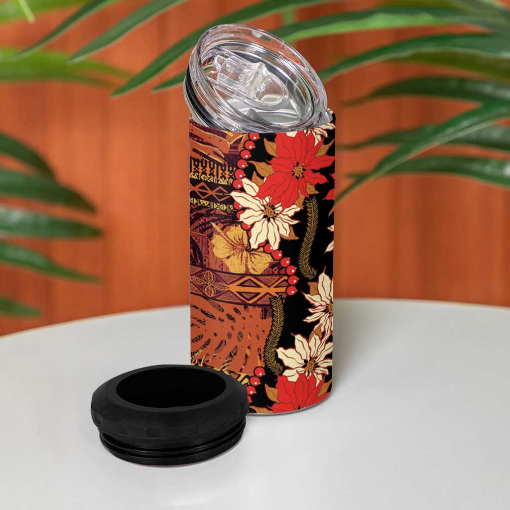 Hawaii Christmas Poinsettia Lei 4 in 1 Can Cooler Tumbler Tapa Pattern - Polynesian Pride