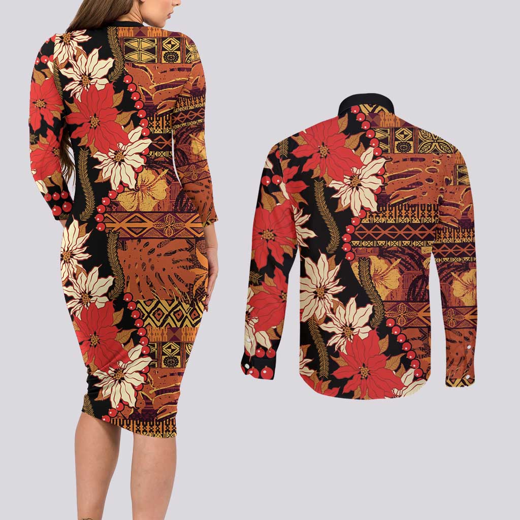 Hawaii Christmas Poinsettia Lei Couples Matching Long Sleeve Bodycon Dress and Long Sleeve Button Shirt Tapa Pattern - Polynesian Pride