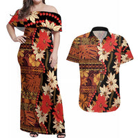 Hawaii Christmas Poinsettia Lei Couples Matching Off Shoulder Maxi Dress and Hawaiian Shirt Tapa Pattern - Polynesian Pride