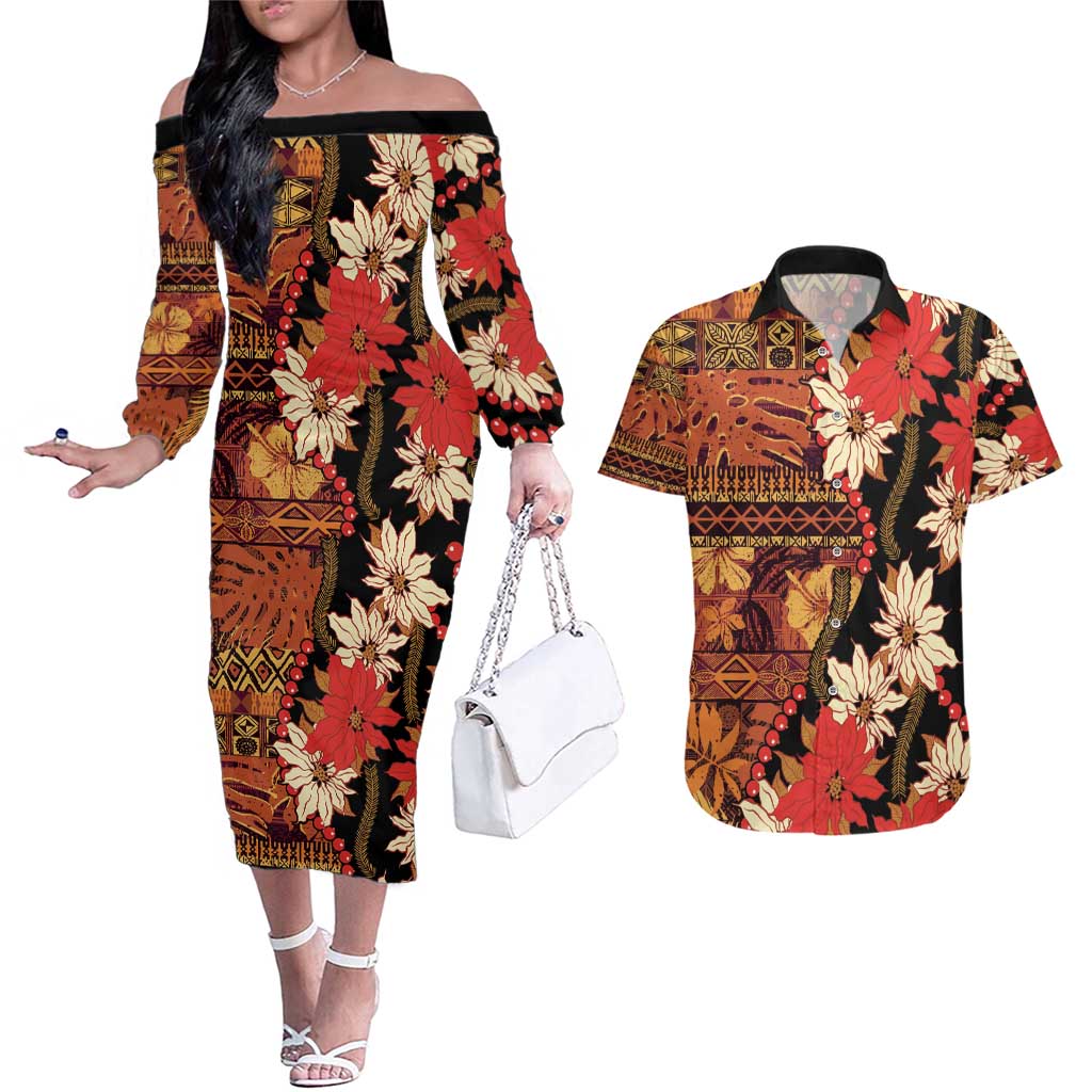 Hawaii Christmas Poinsettia Lei Couples Matching Off The Shoulder Long Sleeve Dress and Hawaiian Shirt Tapa Pattern - Polynesian Pride