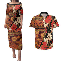 Hawaii Christmas Poinsettia Lei Couples Matching Puletasi and Hawaiian Shirt Tapa Pattern LT01 Brown - Polynesian Pride