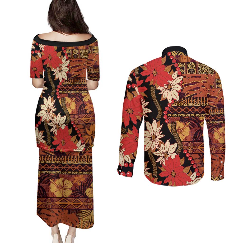 Hawaii Christmas Poinsettia Lei Couples Matching Puletasi and Long Sleeve Button Shirt Tapa Pattern LT01 - Polynesian Pride