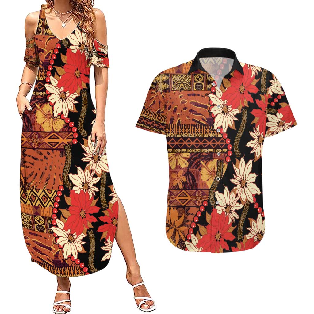Hawaii Christmas Poinsettia Lei Couples Matching Summer Maxi Dress and Hawaiian Shirt Tapa Pattern - Polynesian Pride