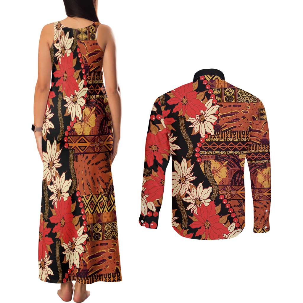 Hawaii Christmas Poinsettia Lei Couples Matching Tank Maxi Dress and Long Sleeve Button Shirt Tapa Pattern - Polynesian Pride