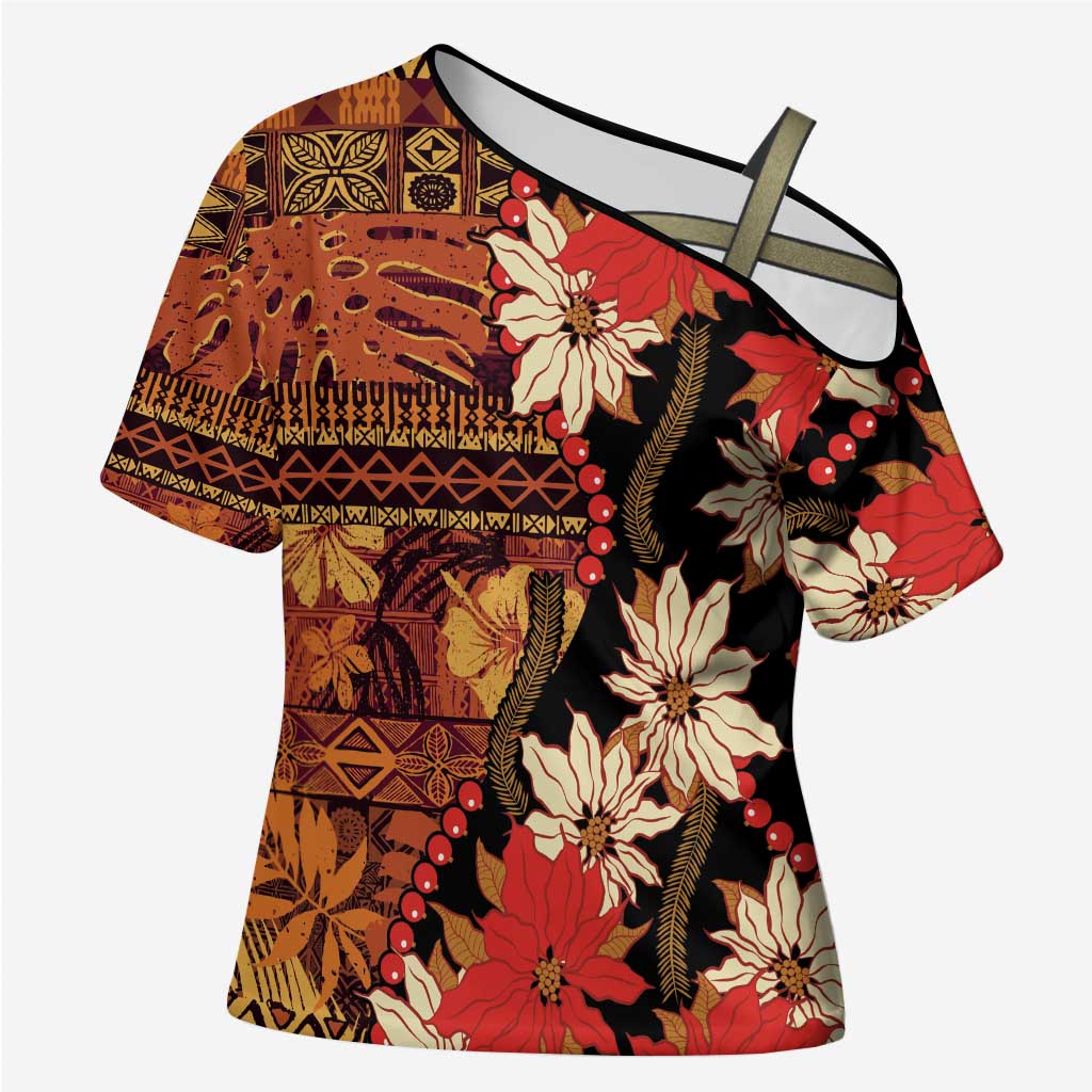Hawaii Christmas Poinsettia Lei Cross Shoulder Shirt Tapa Pattern LT01 Female Brown - Polynesian Pride