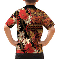 Hawaii Christmas Poinsettia Lei Family Matching Off The Shoulder Long Sleeve Dress and Hawaiian Shirt Tapa Pattern - Polynesian Pride