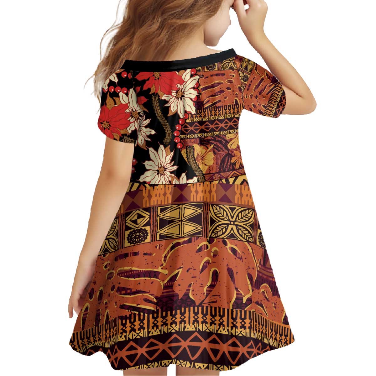 Hawaii Christmas Poinsettia Lei Family Matching Off The Shoulder Long Sleeve Dress and Hawaiian Shirt Tapa Pattern - Polynesian Pride