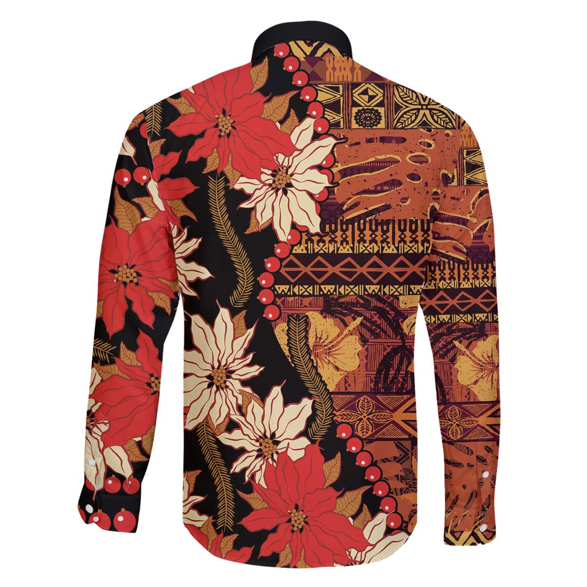 Hawaii Christmas Poinsettia Lei Family Matching Off The Shoulder Long Sleeve Dress and Hawaiian Shirt Tapa Pattern - Polynesian Pride