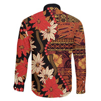 Hawaii Christmas Poinsettia Lei Family Matching Off The Shoulder Long Sleeve Dress and Hawaiian Shirt Tapa Pattern - Polynesian Pride