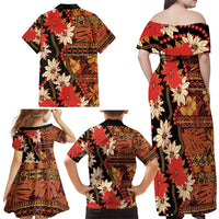 Hawaii Christmas Poinsettia Lei Family Matching Off Shoulder Maxi Dress and Hawaiian Shirt Tapa Pattern - Polynesian Pride