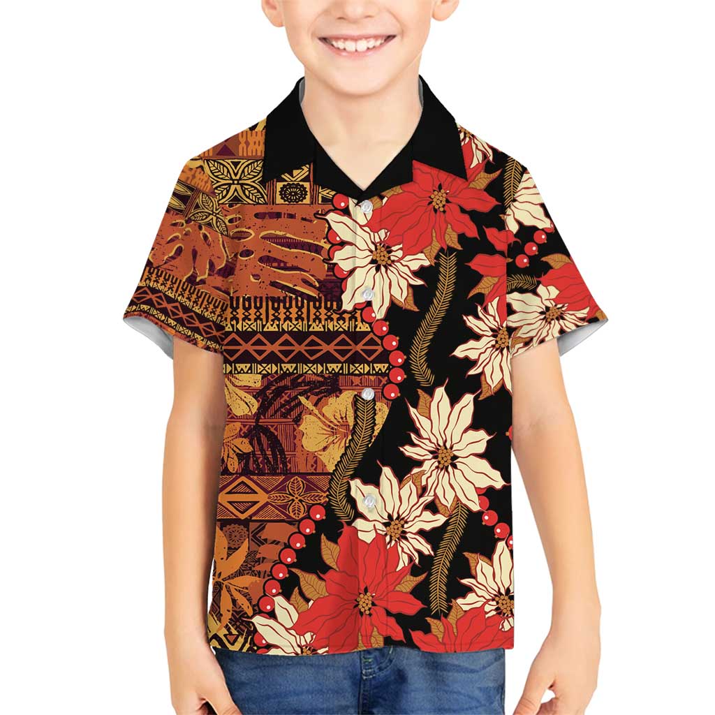 Hawaii Christmas Poinsettia Lei Family Matching Off Shoulder Maxi Dress and Hawaiian Shirt Tapa Pattern - Polynesian Pride