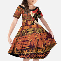 Hawaii Christmas Poinsettia Lei Family Matching Puletasi and Hawaiian Shirt Tapa Pattern LT01 Daughter's Dress Brown - Polynesian Pride