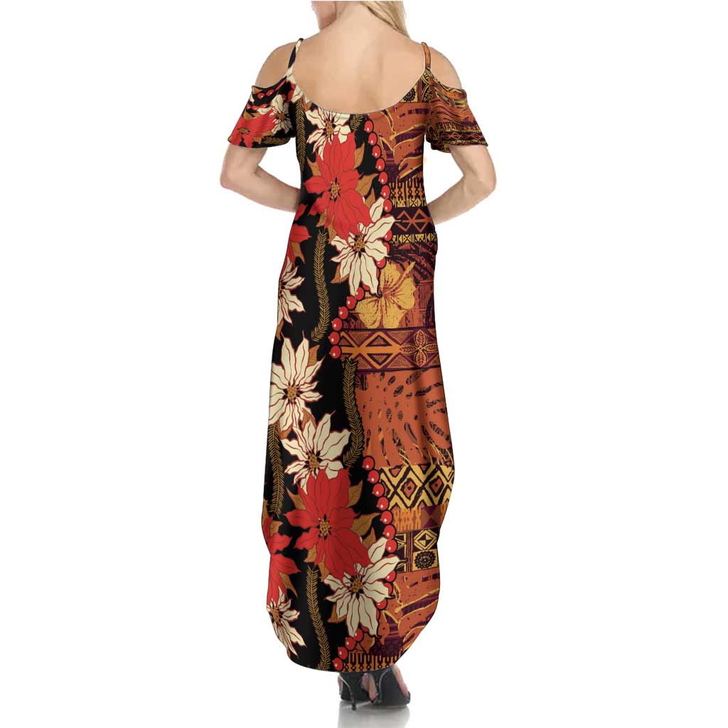 Hawaii Christmas Poinsettia Lei Family Matching Summer Maxi Dress and Hawaiian Shirt Tapa Pattern - Polynesian Pride