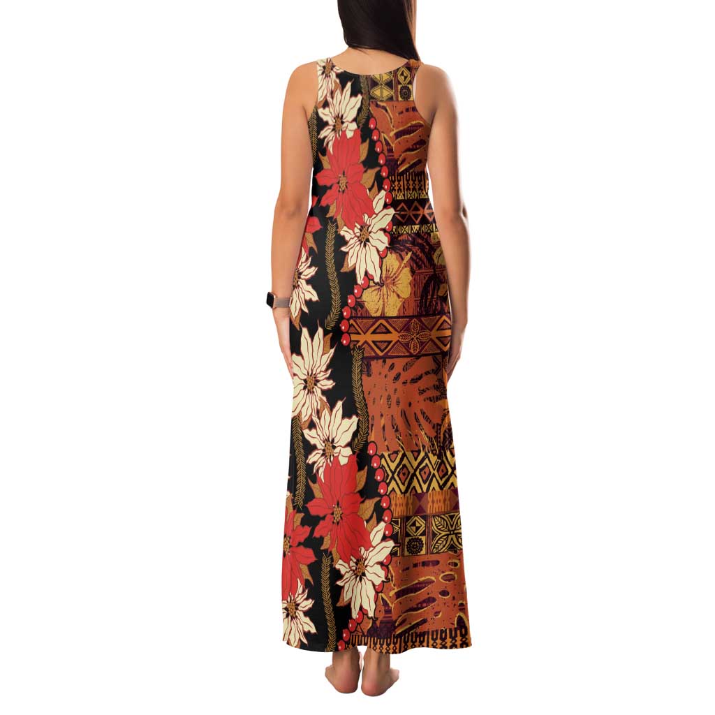 Hawaii Christmas Poinsettia Lei Family Matching Tank Maxi Dress and Hawaiian Shirt Tapa Pattern - Polynesian Pride
