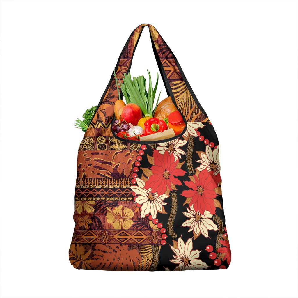 Hawaii Christmas Poinsettia Lei Grocery Bag Tapa Pattern - Polynesian Pride