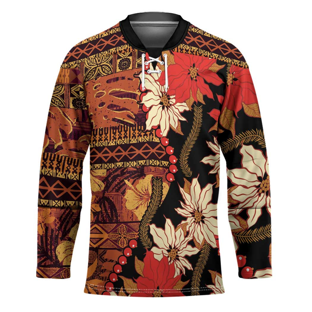 Hawaii Christmas Poinsettia Lei Hockey Jersey Tapa Pattern - Polynesian Pride