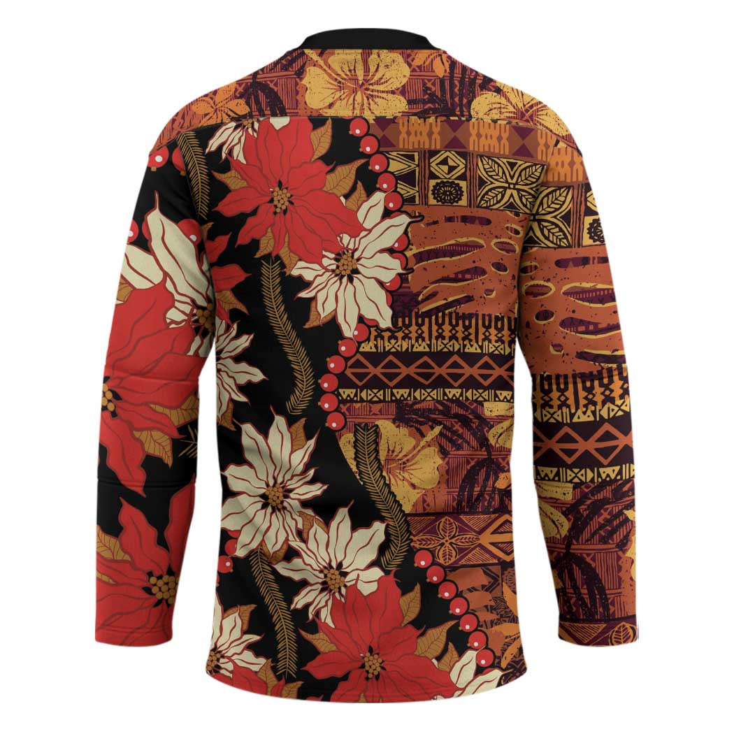 Hawaii Christmas Poinsettia Lei Hockey Jersey Tapa Pattern - Polynesian Pride
