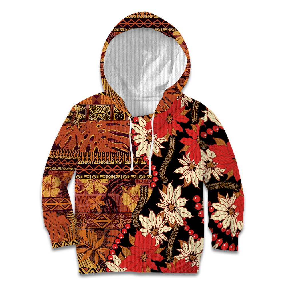 Hawaii Christmas Poinsettia Lei Kid Hoodie Tapa Pattern - Polynesian Pride