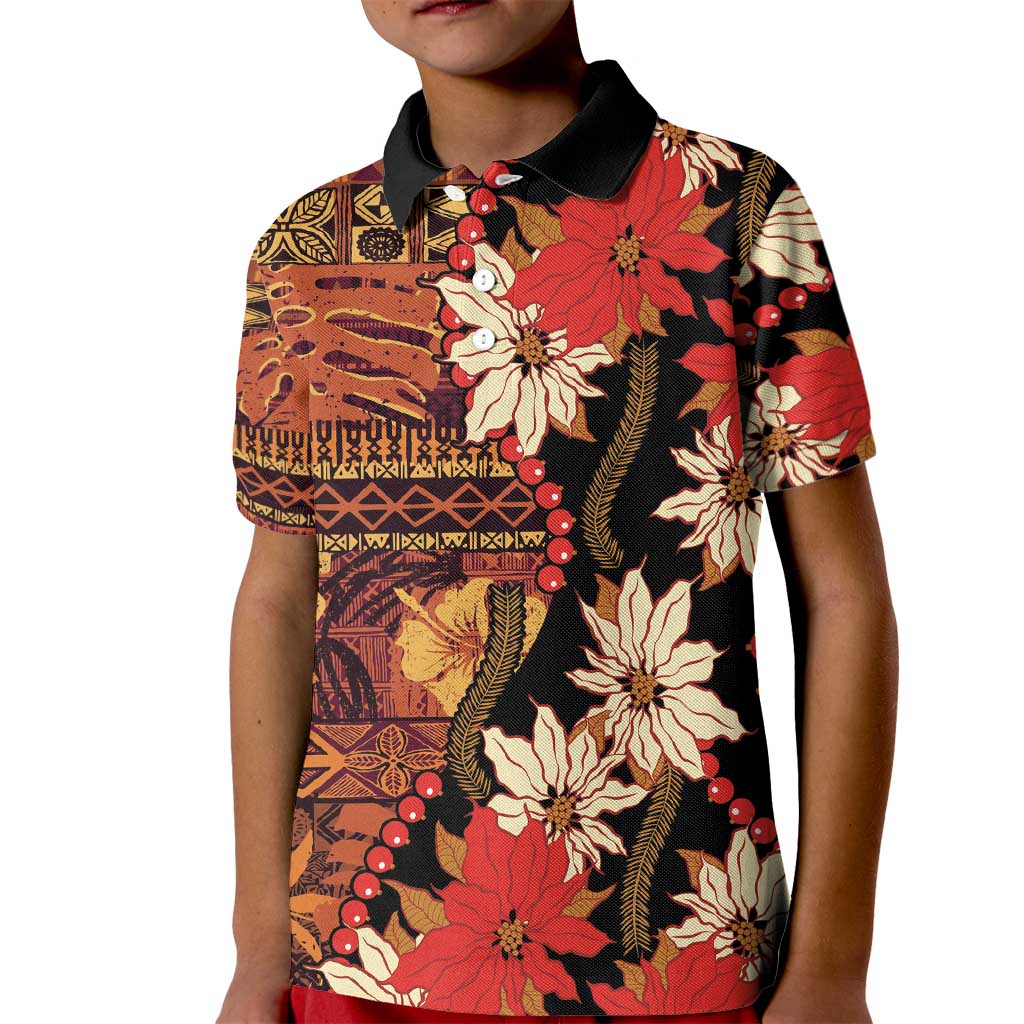 Hawaii Christmas Poinsettia Lei Kid Polo Shirt Tapa Pattern - Polynesian Pride