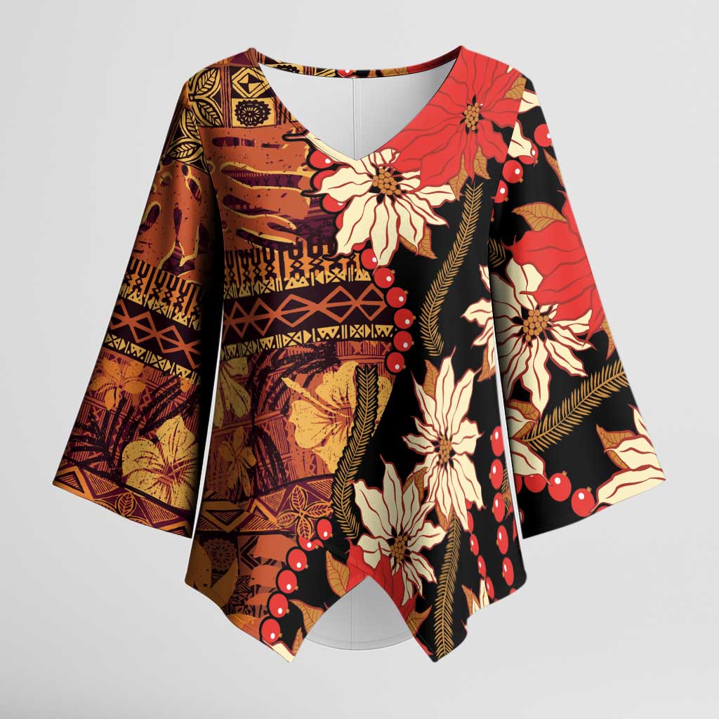 Hawaii Christmas Poinsettia Lei Kimono Sleeve Blouse Tapa Pattern LT01 Female Brown - Polynesian Pride